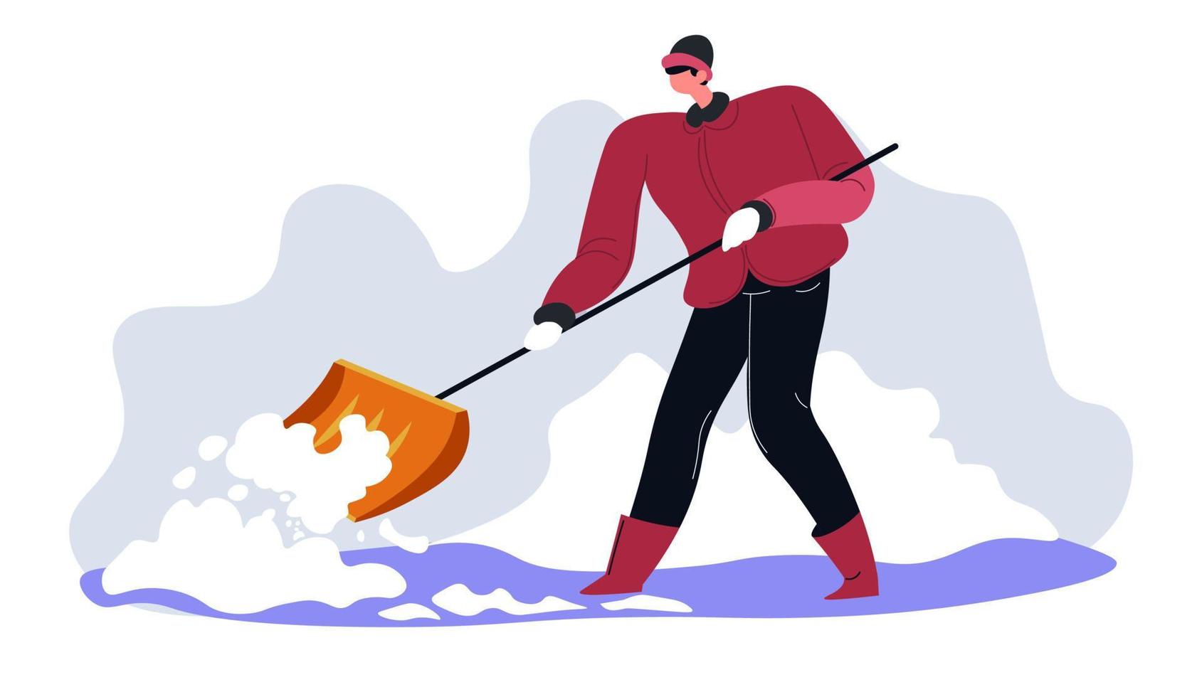 Man with wooden shovel cleaning snow in winter vector