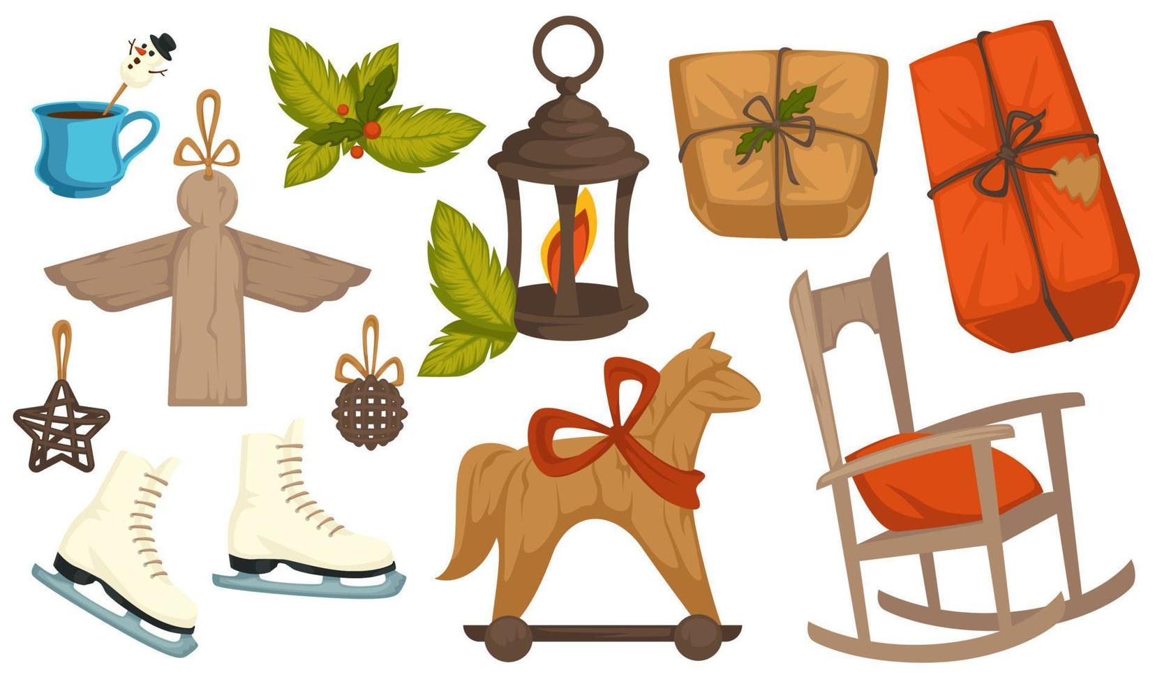 Christmas symbols, gifts box and vintage toys vector