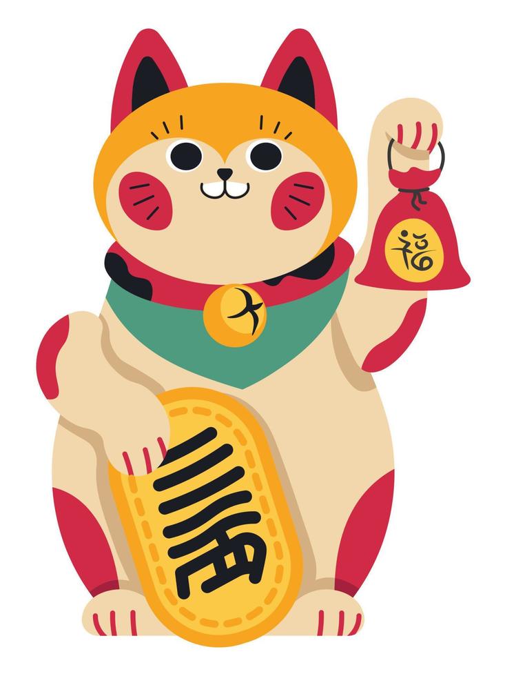 Chinese or japanese waving cat with hieroglyph vector