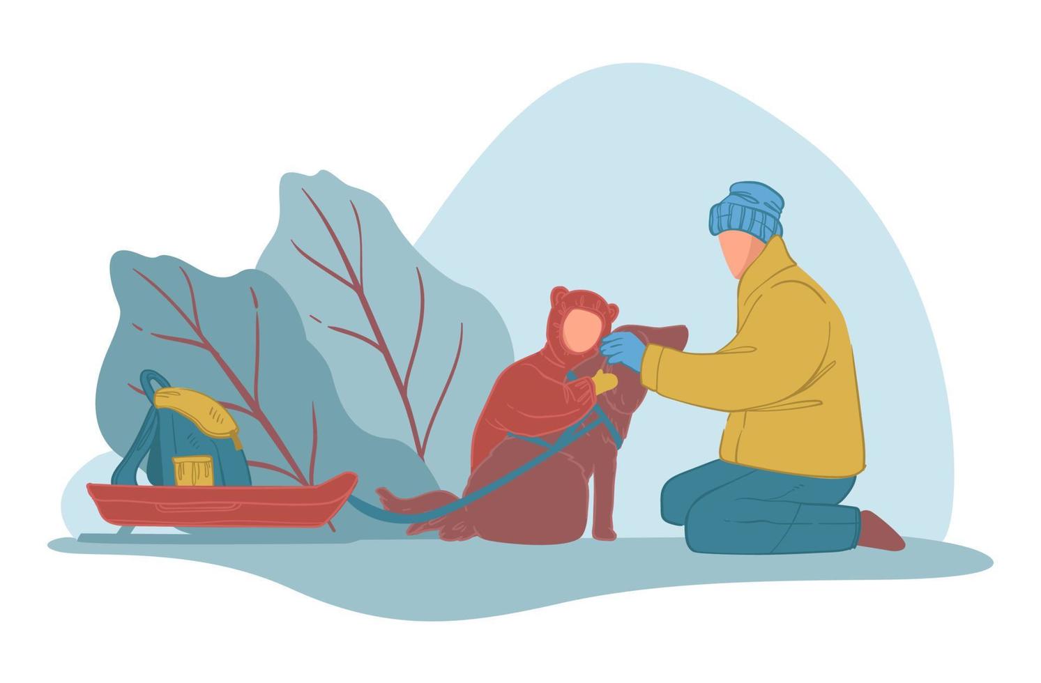 Winter holidays, outside fun with family and pet vector