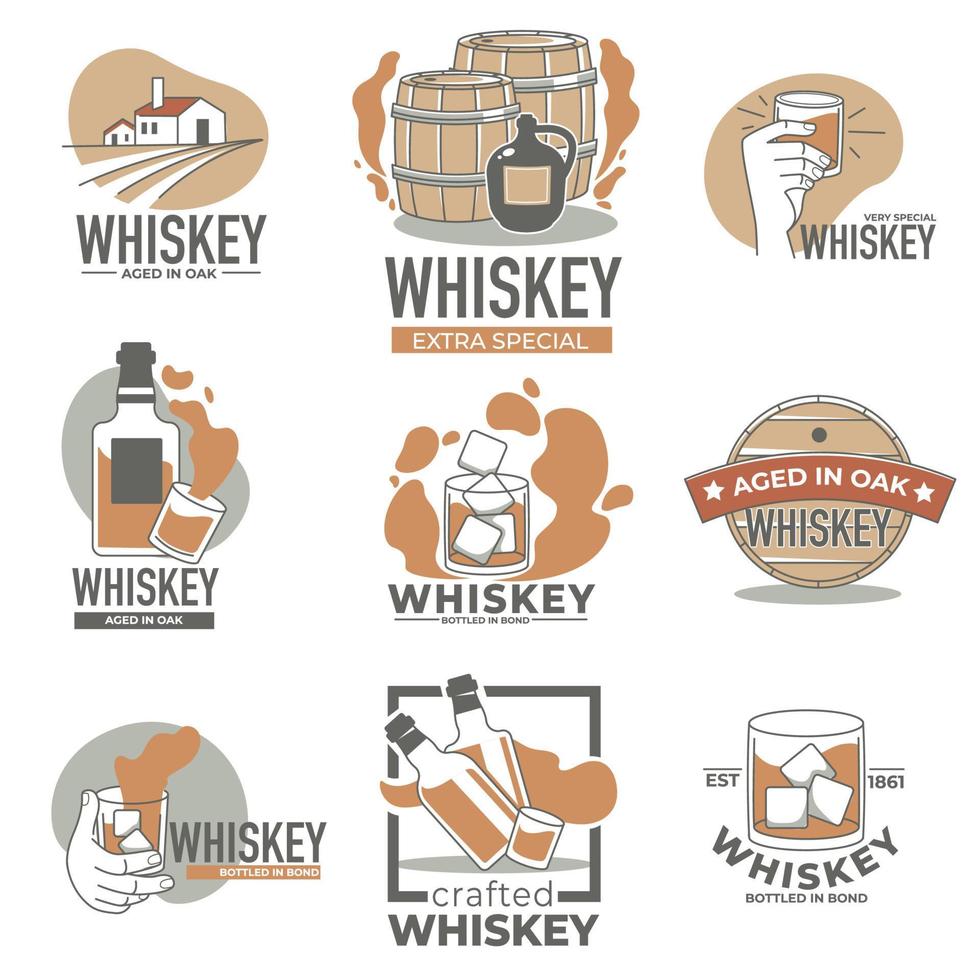 whisky producción de alcohol envejecido en etiqueta de roble vector