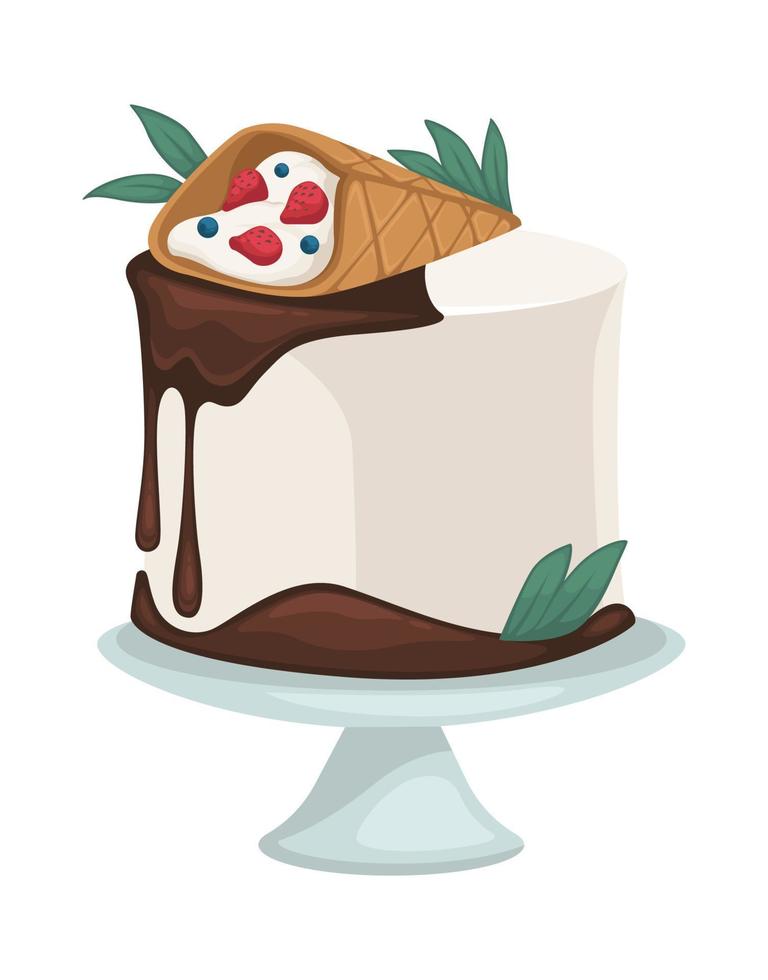Sweet cake with ice cream and chocolate topping vector