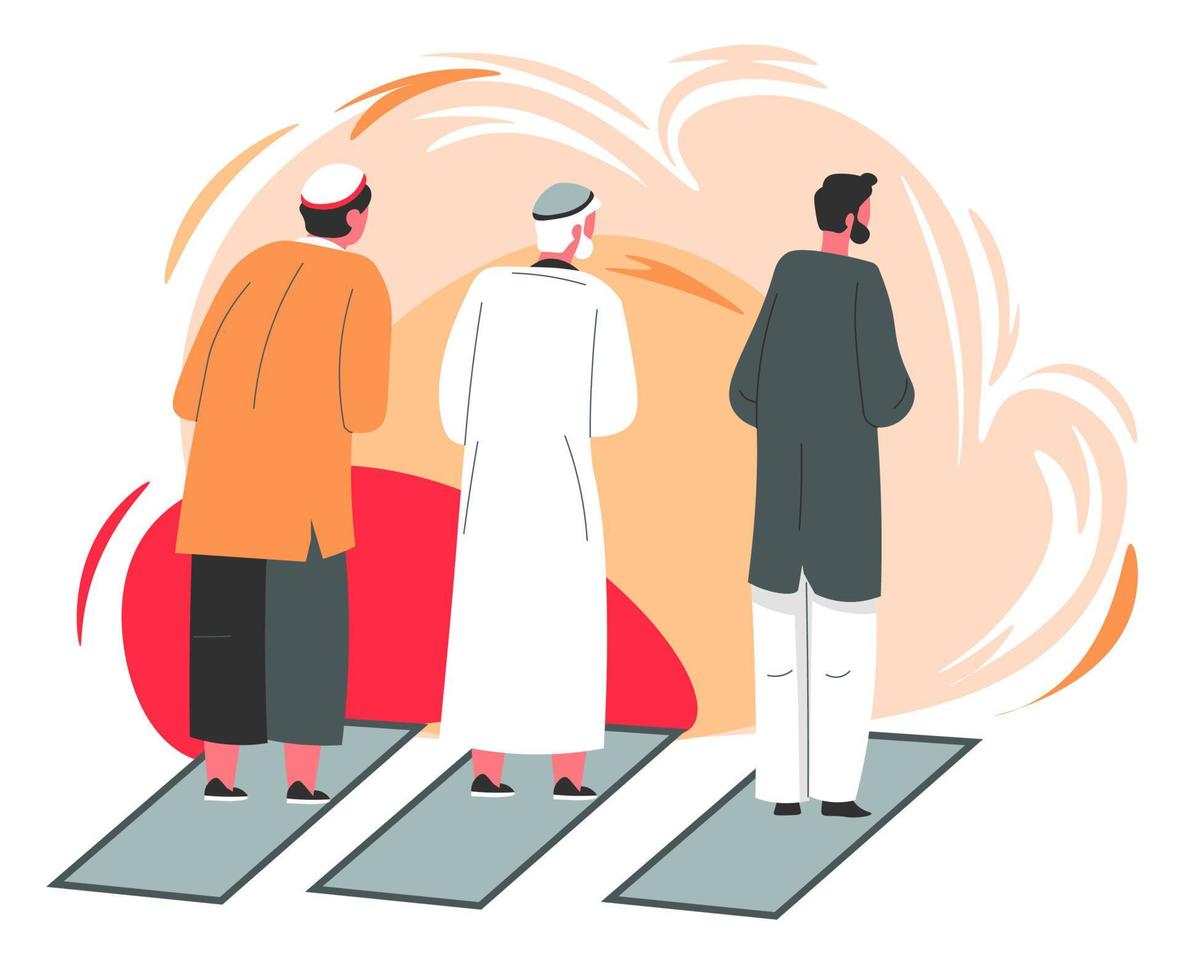 Arabic men praying on carpets, islam religion vector