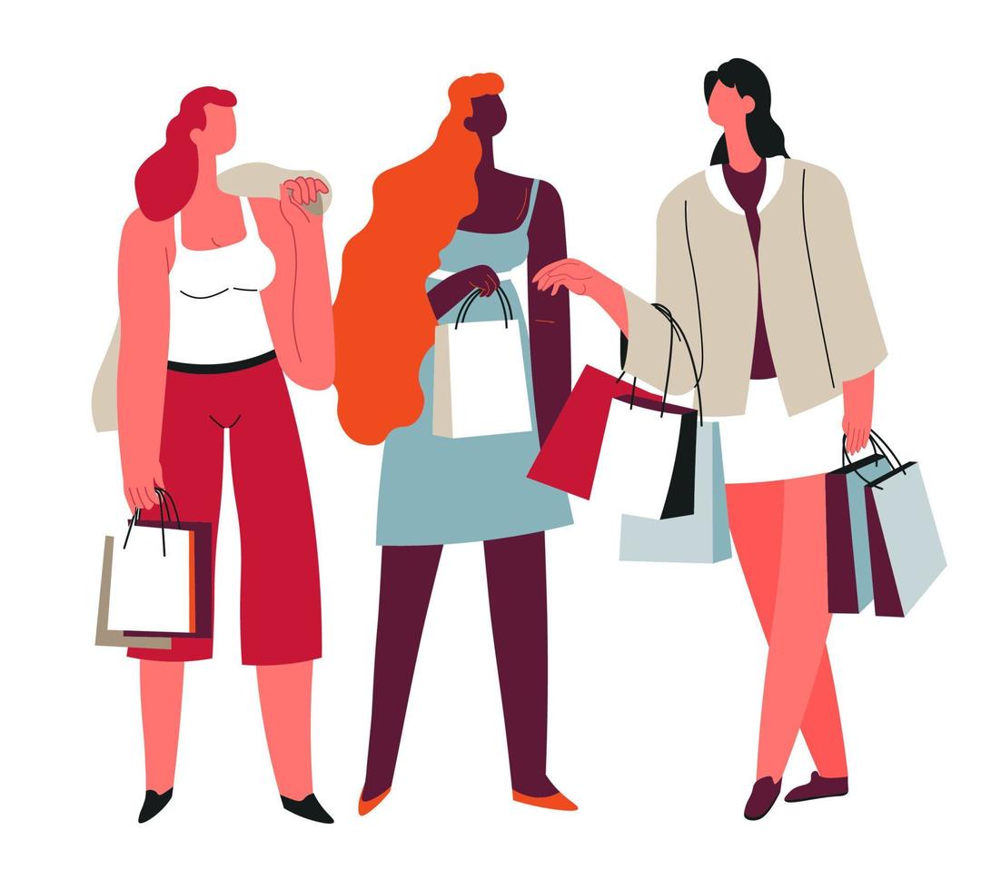 Female friends shopping with bags, walking ladies vector