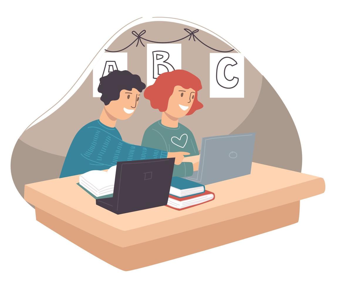 Boy and girl working on school project by desk vector