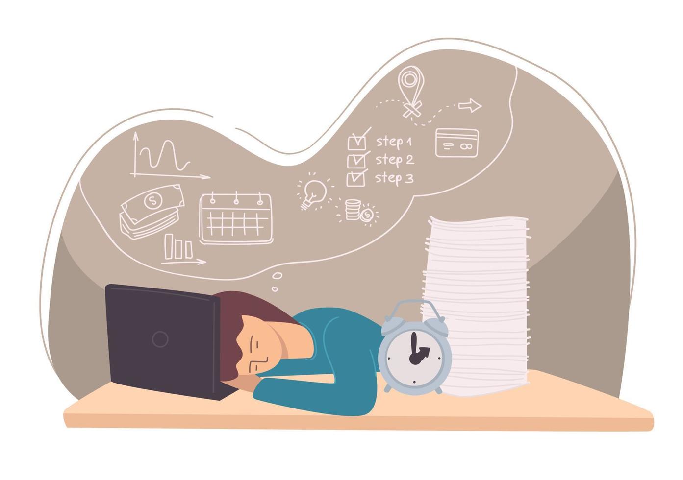 Tired freelancer, employee or student sleeping vector