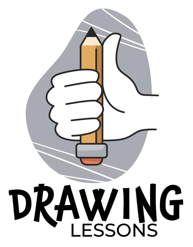 Drawing lessons label with hand and pencil vector