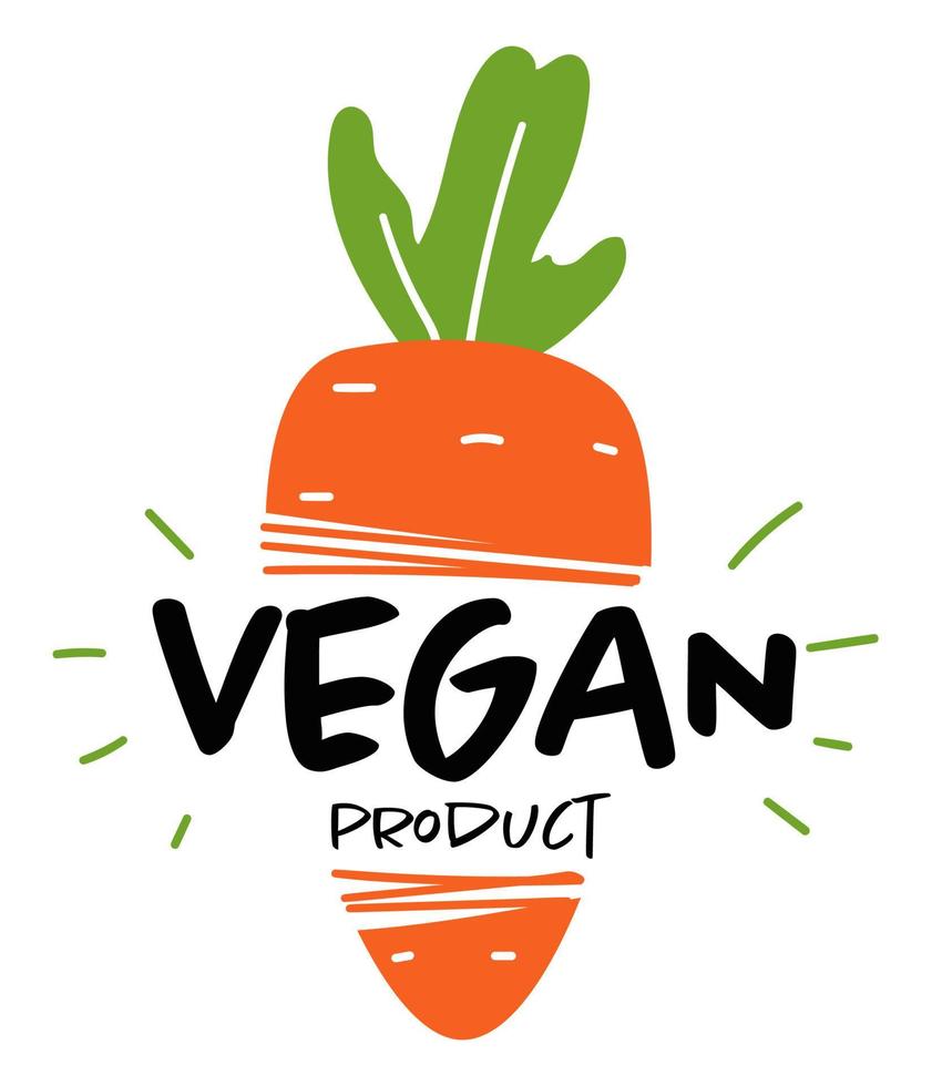 etiqueta de producto vegano, zanahoria cruda y emblema de texto vector