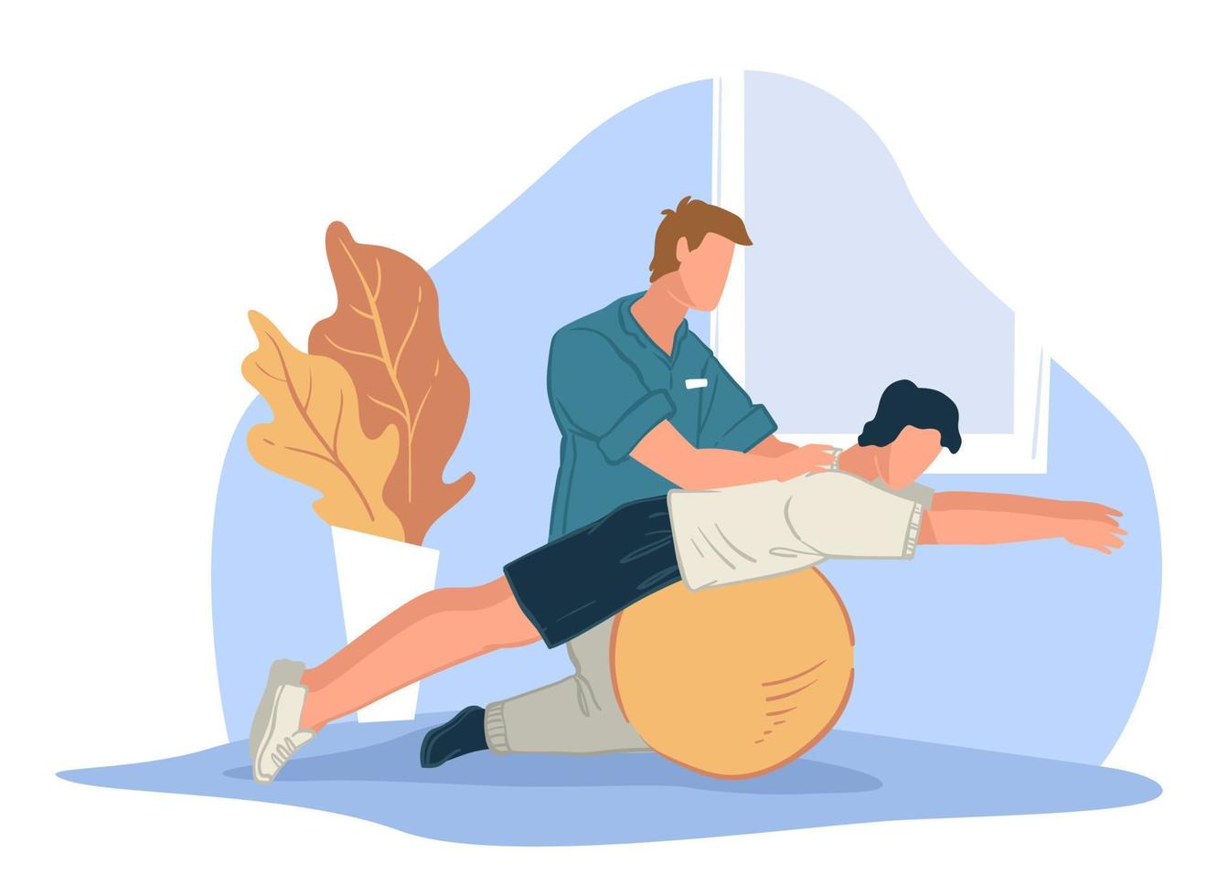 Coach helping character to stretch back, sports vector