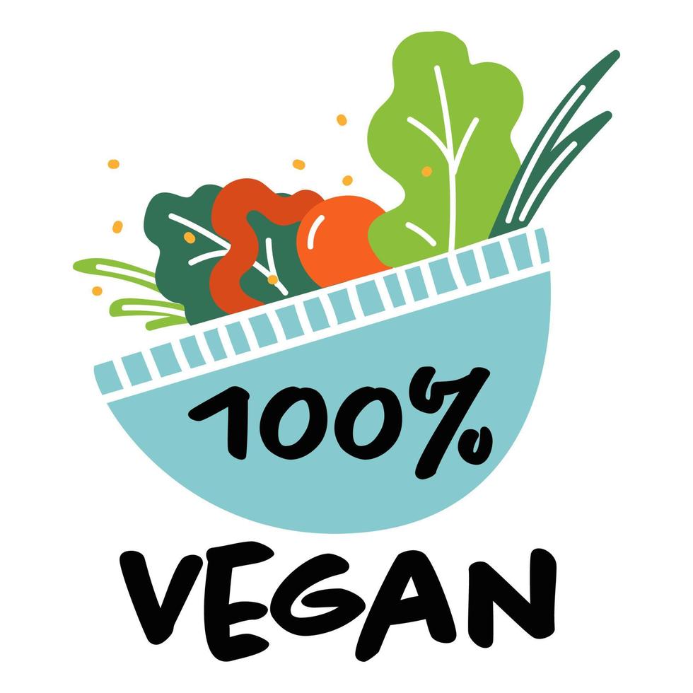 vegano 100 por ciento, tazón con vector de productos frescos