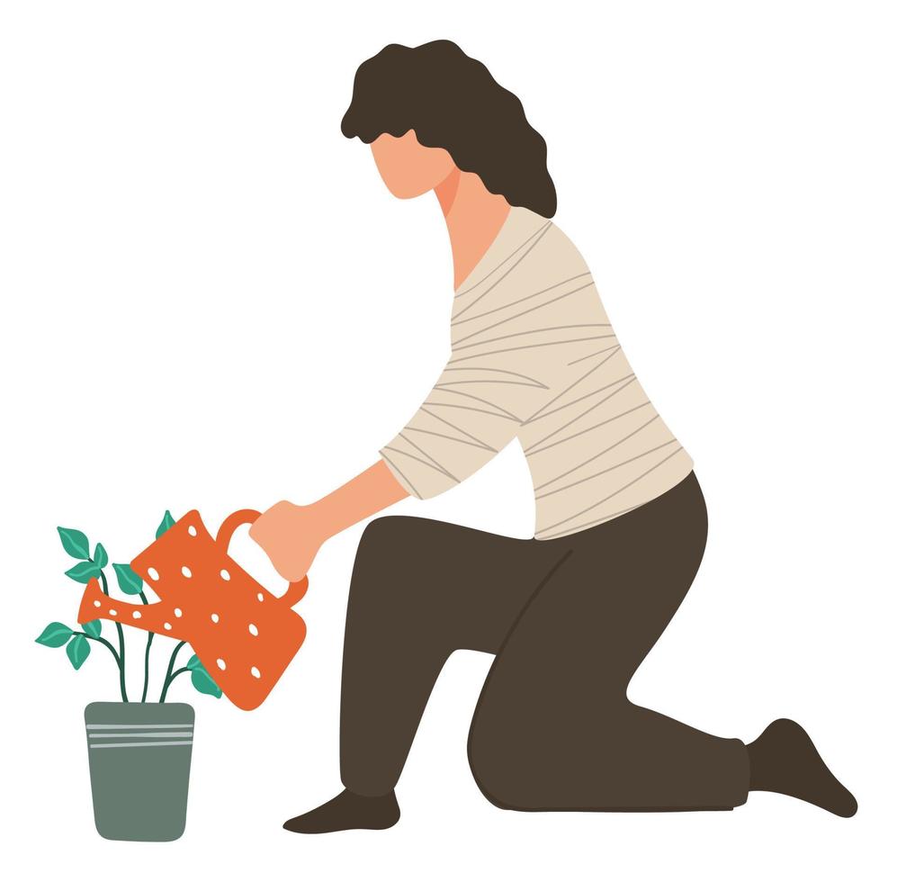 Female character watering flower growing in pot vector