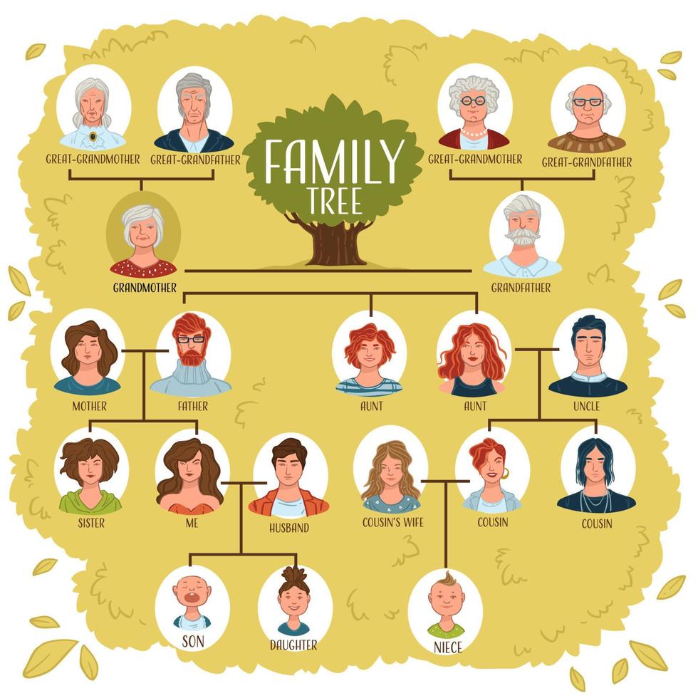 árbol genealógico con parientes y vector de relación