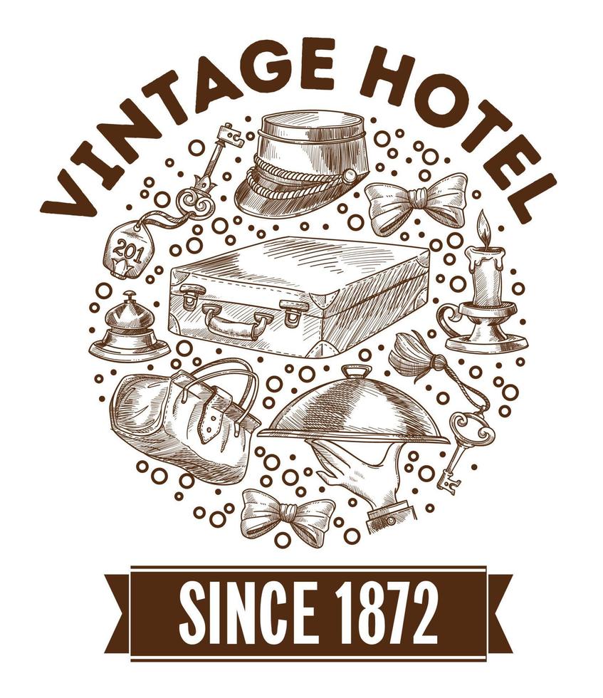 Vintage hotel since 1872 monochrome sketch outline vector