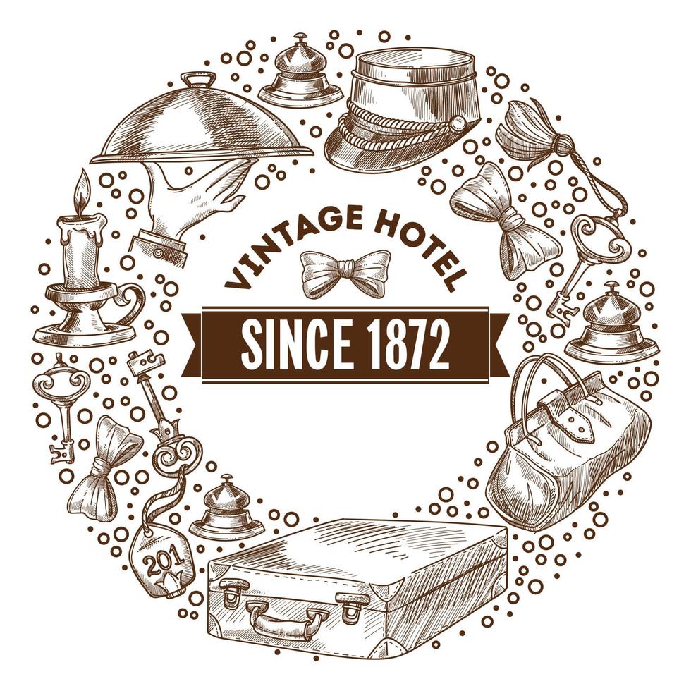 Vintage hotel since 1872 monochrome outline sketch vector