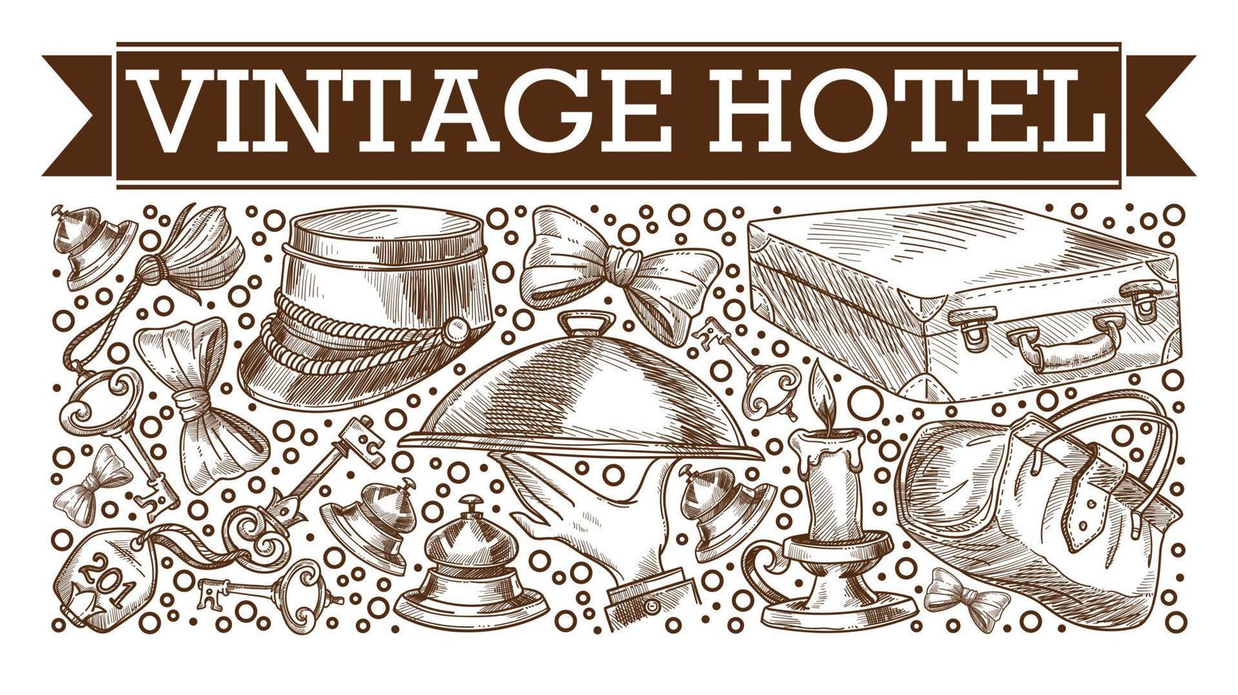 Bosquejo monocromo de los iconos simbólicos del hotel vintage vector