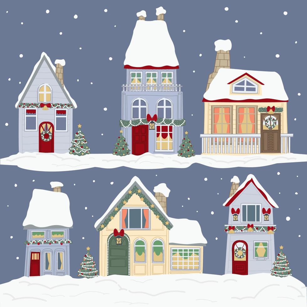 casas decoradas para navidad vacaciones de invierno vector