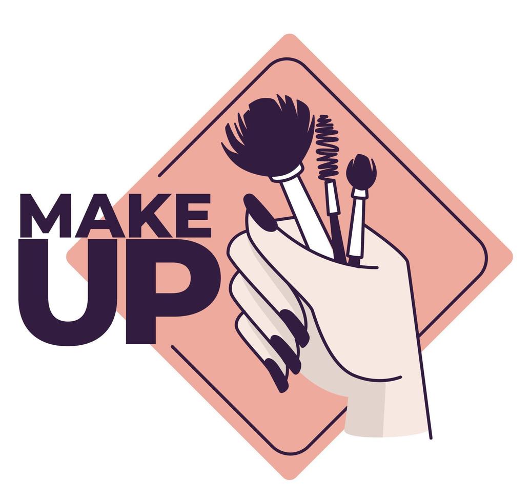 Makeup emblem with female hand and brushes vector