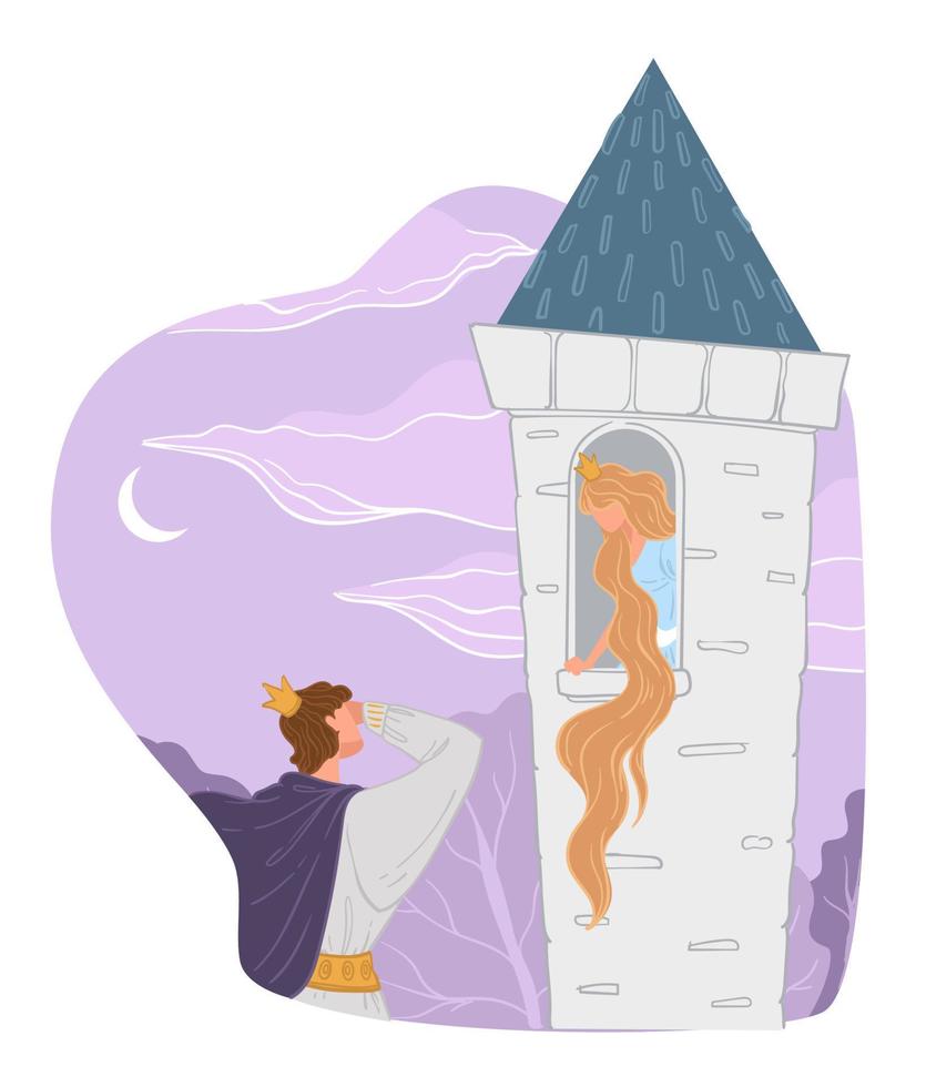 Prince and princess with long hair in tall tower vector