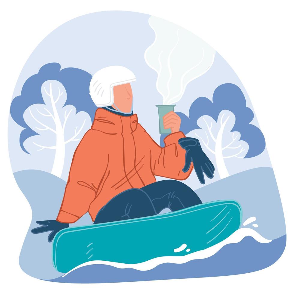 Character enjoying hot beverage on snowy hills vector