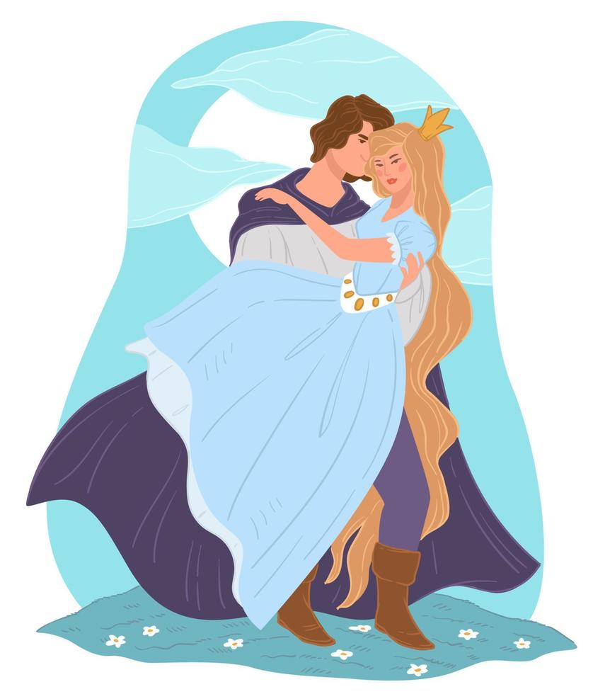 Prince hugging princess, romantic couple fairy tale vector