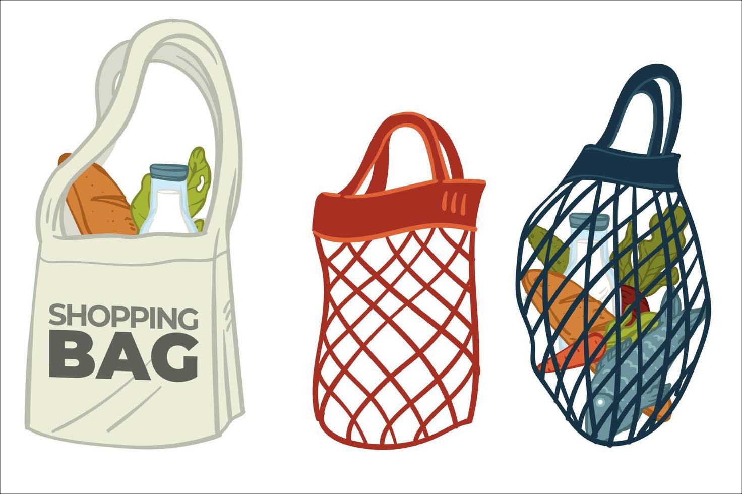 Ecologically friendly canvas and mesh bags vector