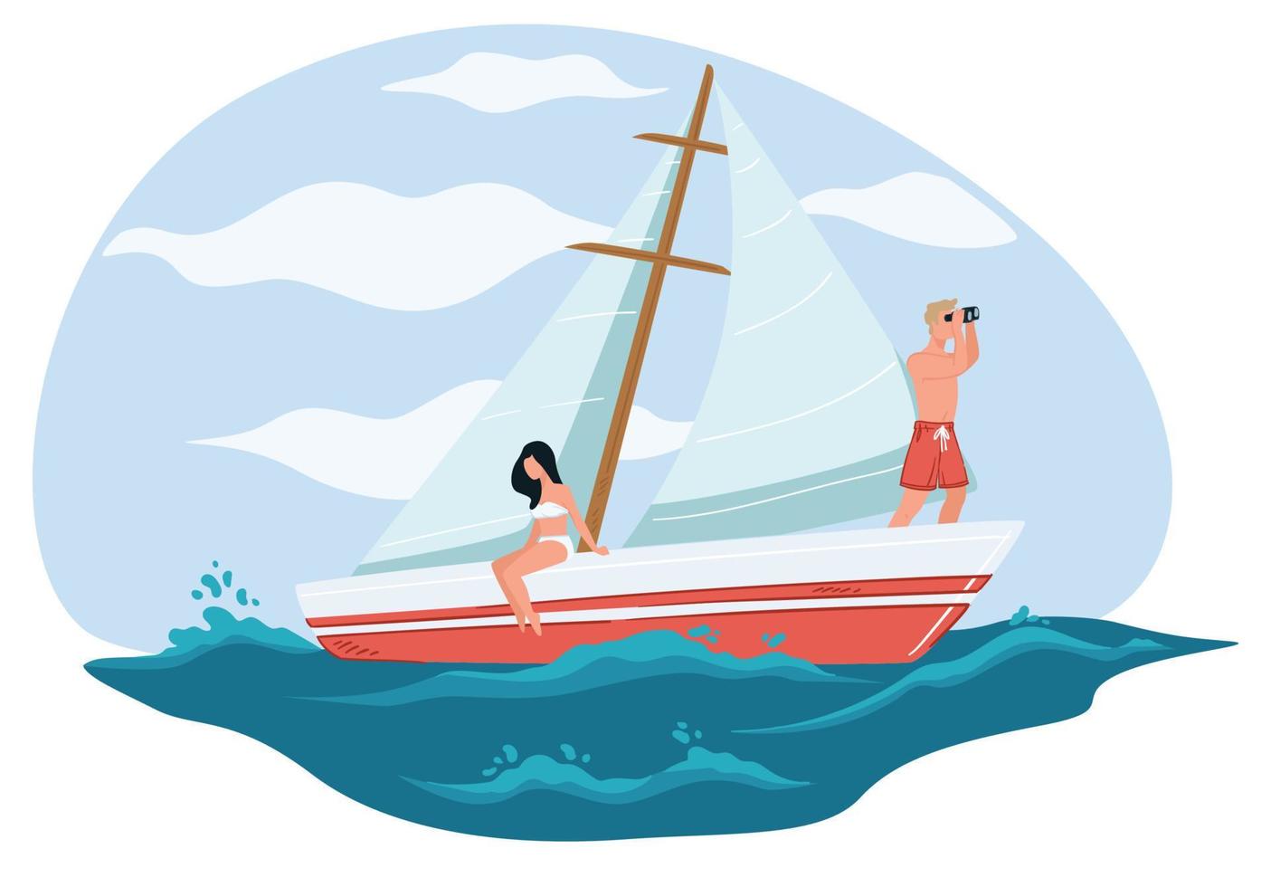 hombre y mujer relajándose en velero o yate vector