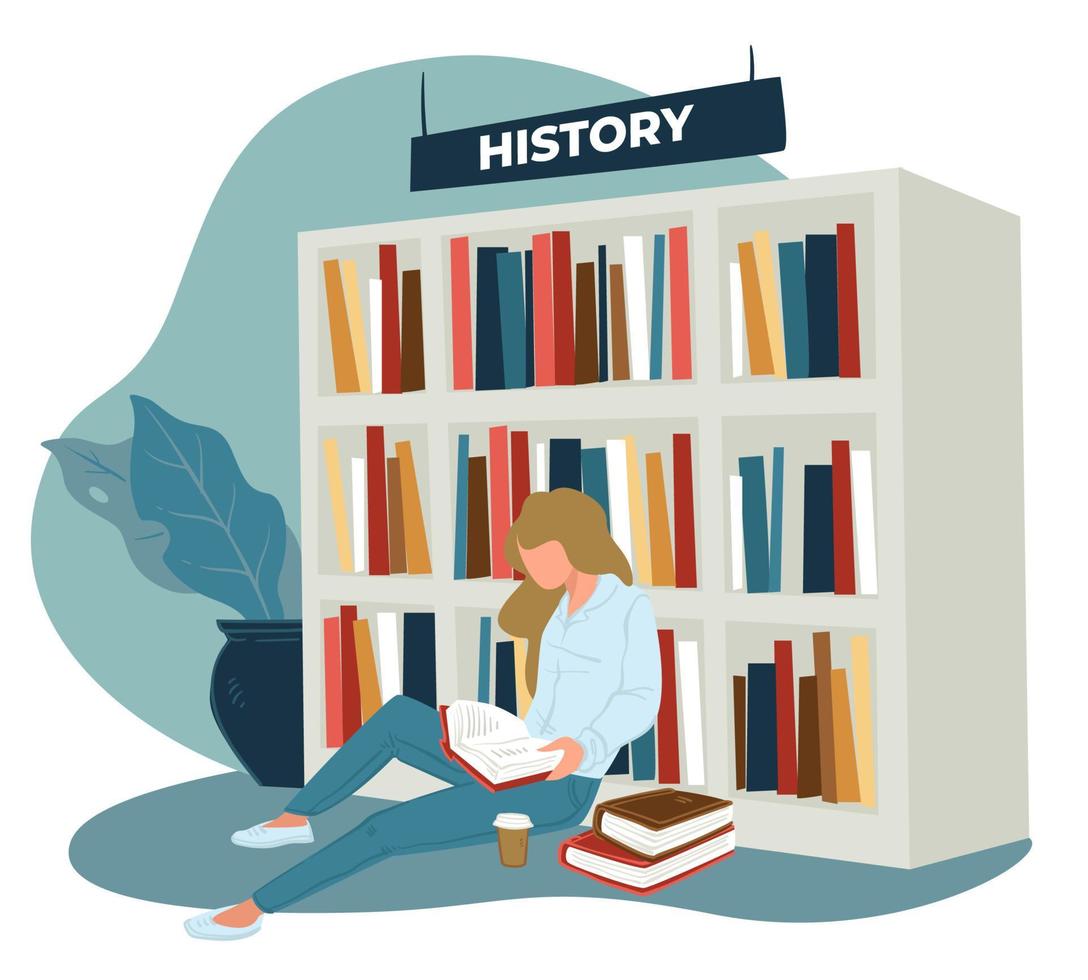 Woman or student reading history books in store vector