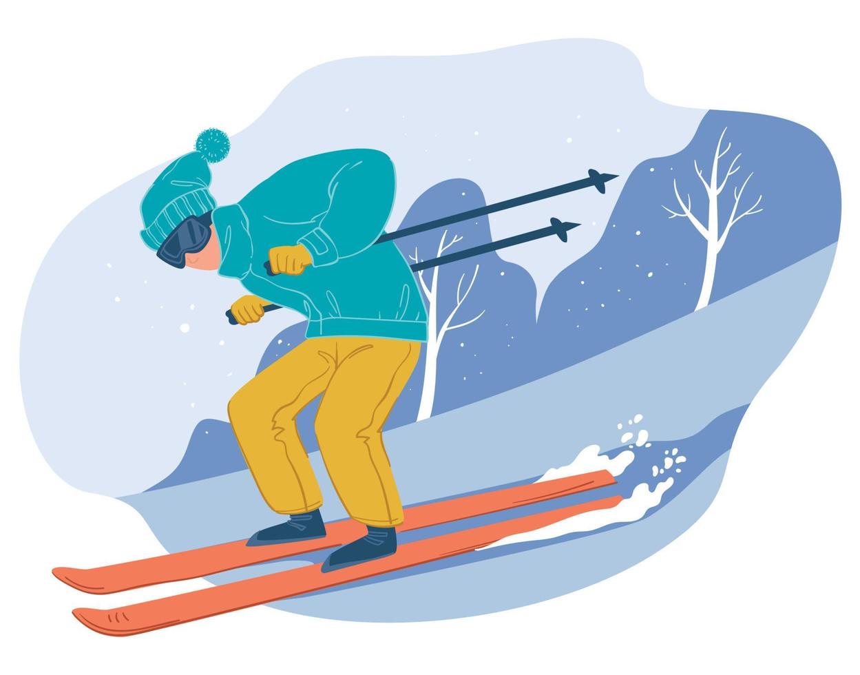 Skiing downhill, wintertime vacations and hobbies vector