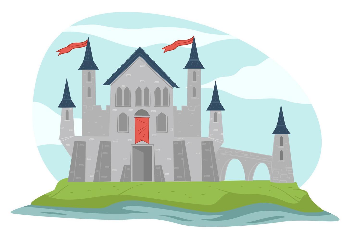 Fortress with tall towers and flags fairy tale vector