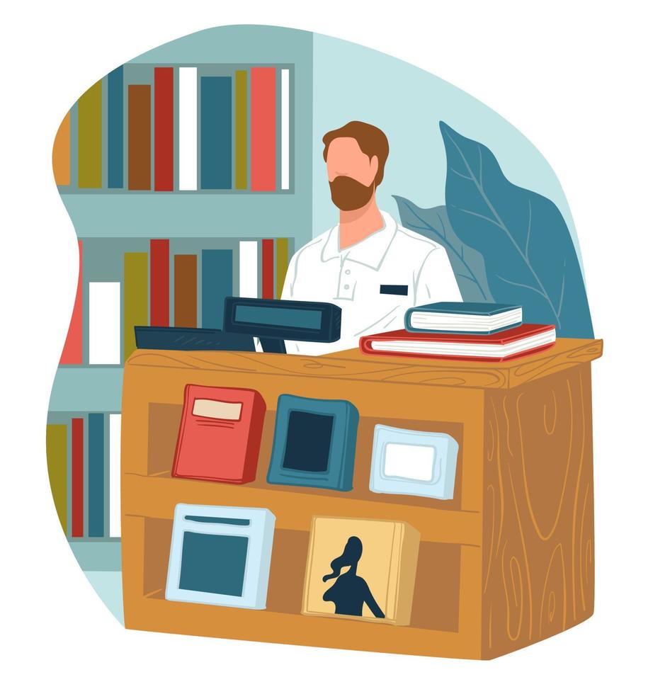 Bookstore cashier by counter, library or shop vector