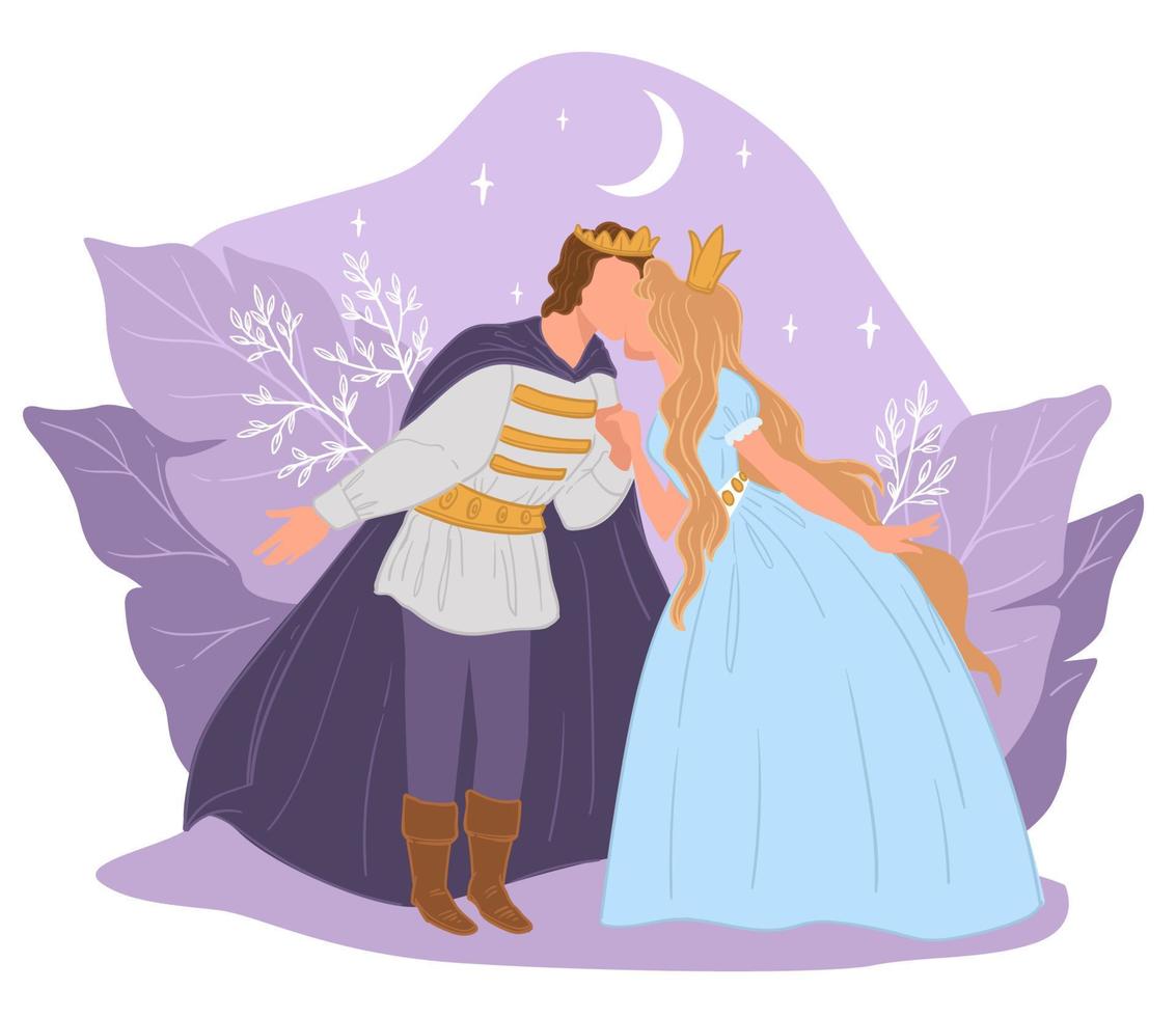 Prince and princess kissing at night, fairy tale vector