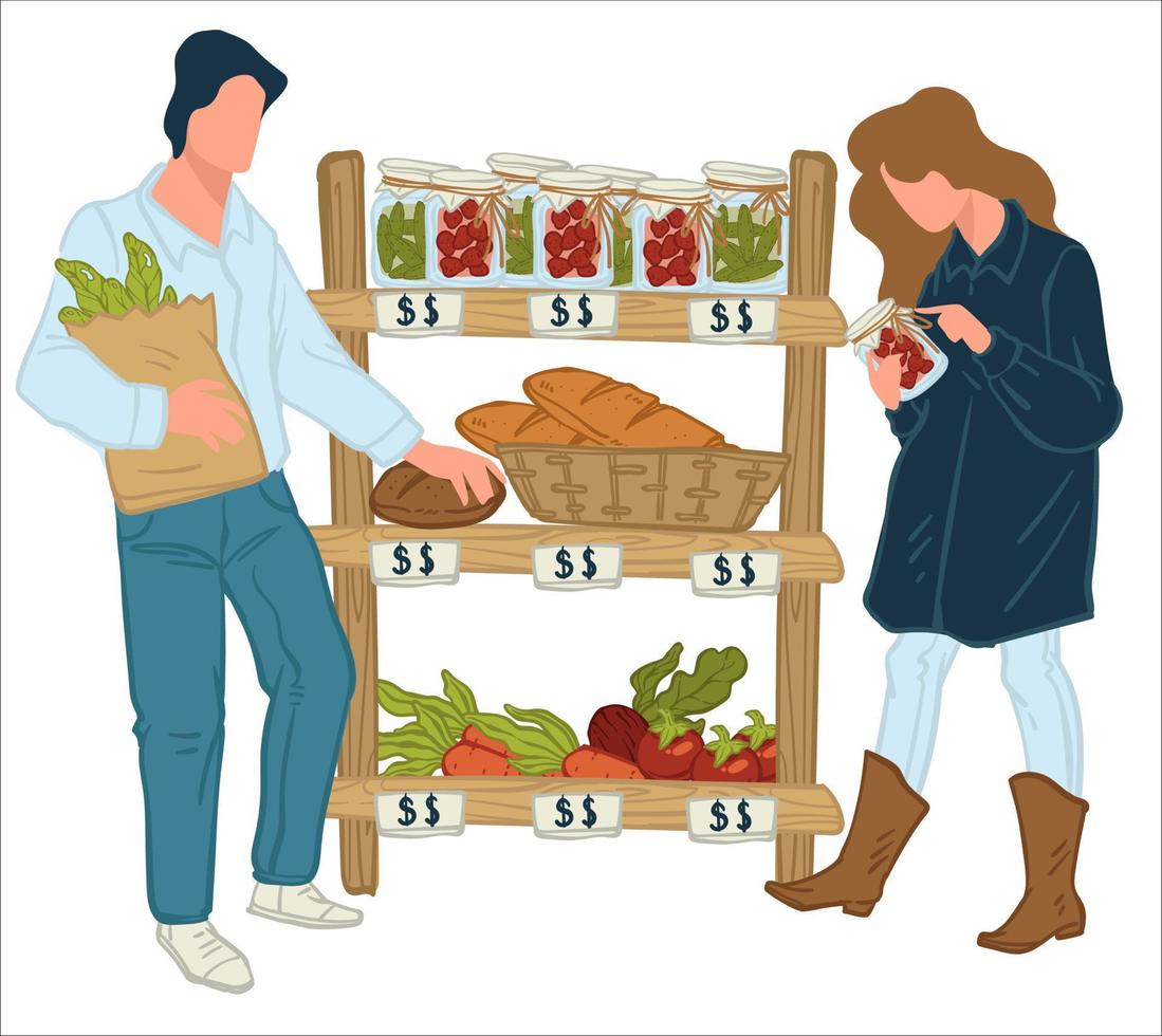 People buying organic farm vegetables and pickles vector
