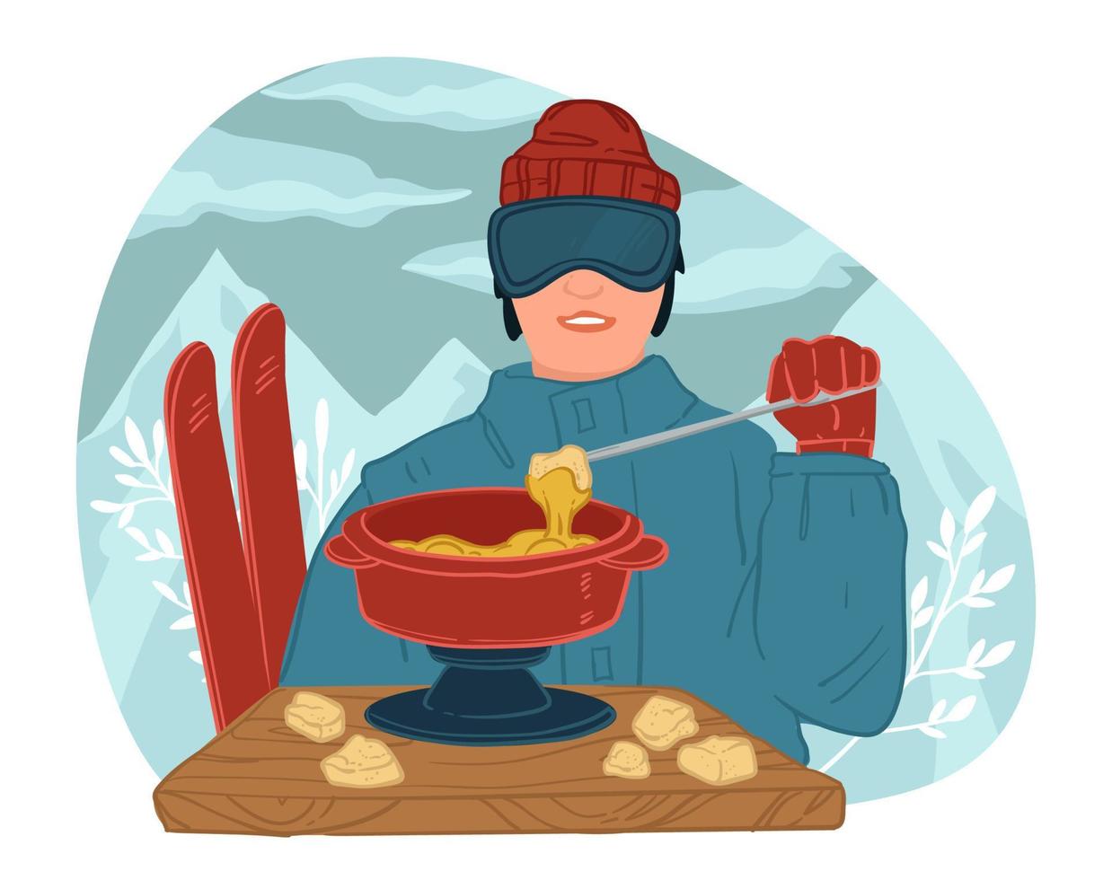 Skier eating hot creamy soup in resort outdoors vector