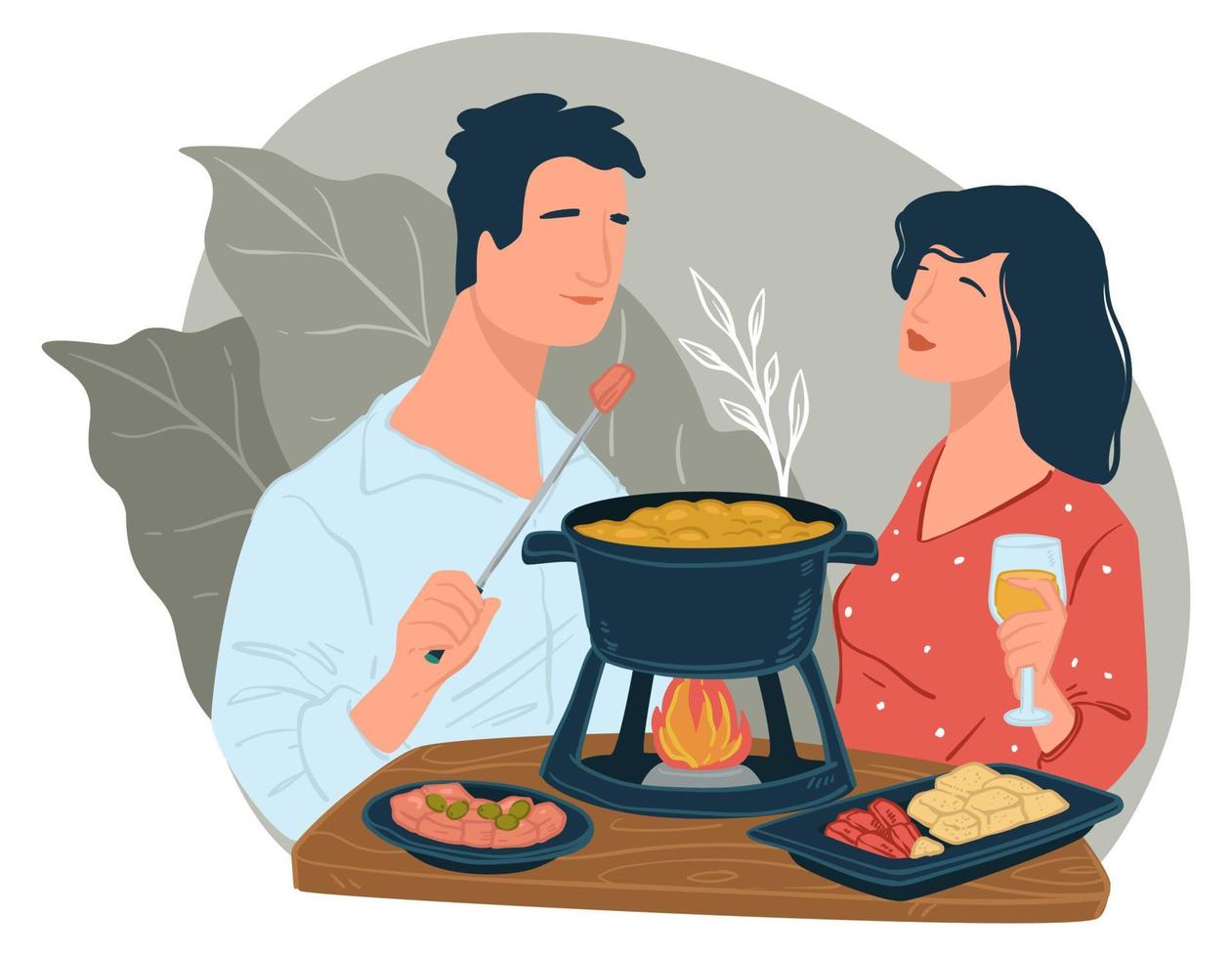 Man and woman eating chinese hot pot in diner vector