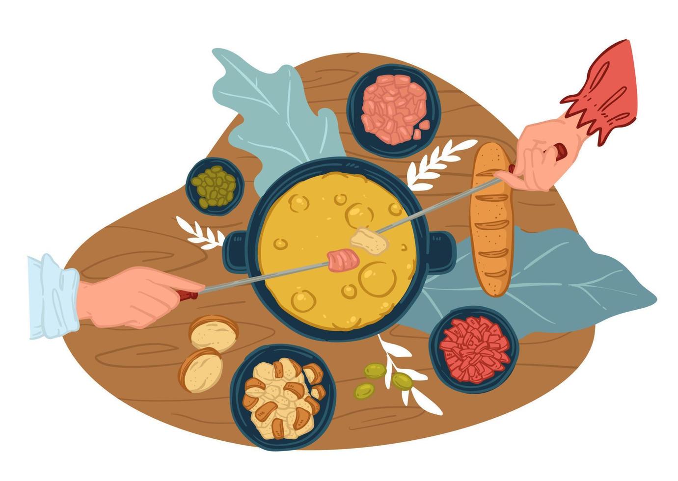 Eating from chinese hot pot, cooking meal on table vector