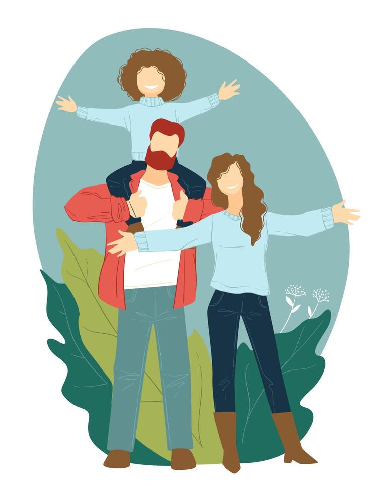 Happy mother and father carrying child, family weekends vector