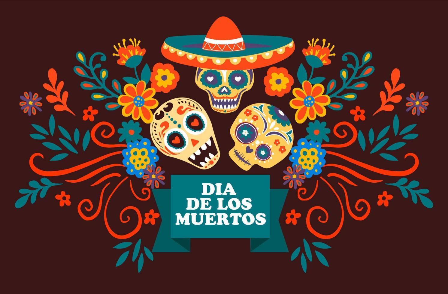 dia de los muertos, calaveras con sombrero y flores vector