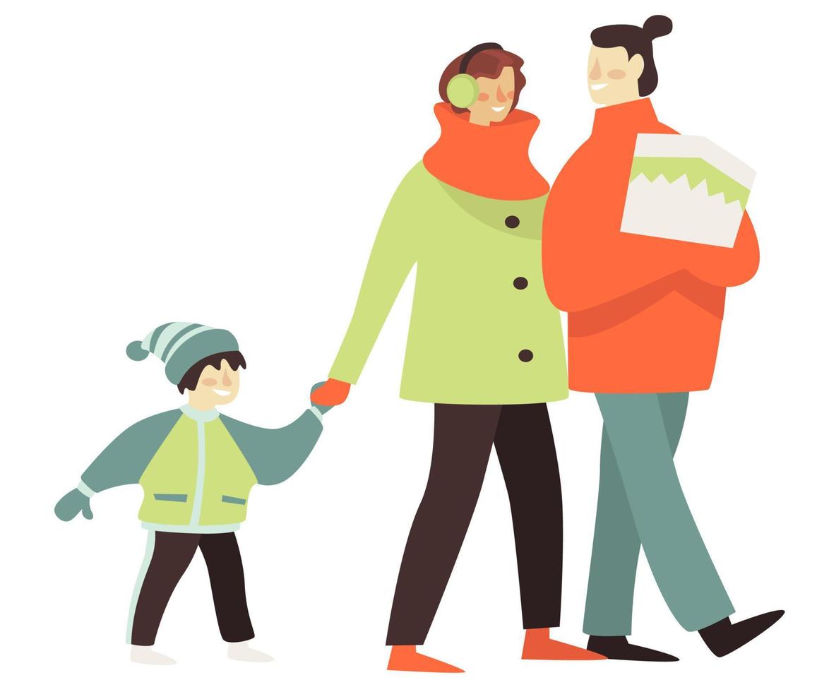 Mom and dad with child walking in winter vector