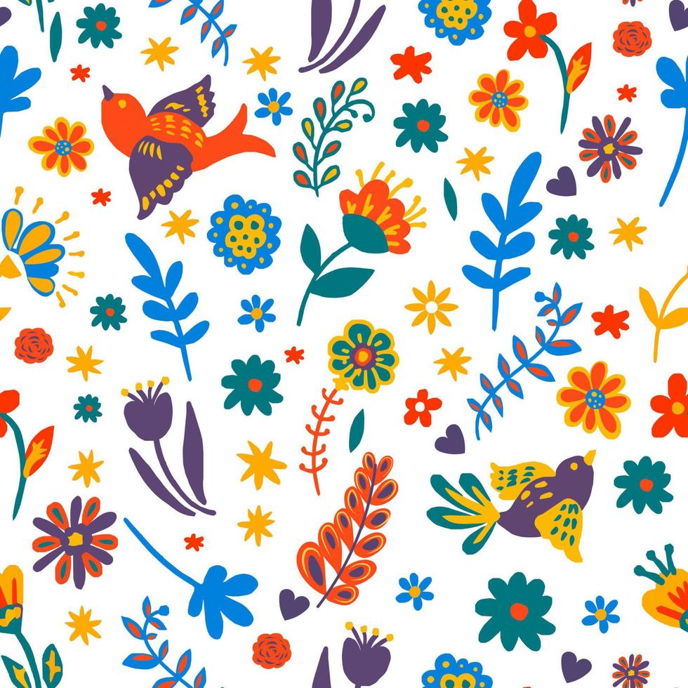 Flowers and foliage with flying birds seamless pattern vector