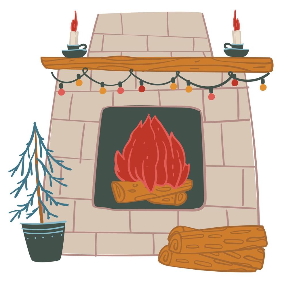 Fireplace decorated with garlands and candles, home interior vector