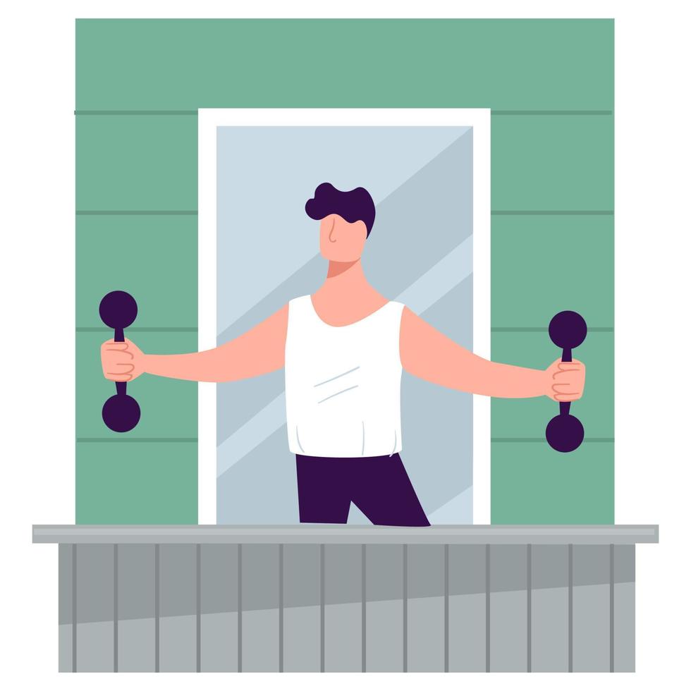 Man exercising on balcony, male with dumbbells loosing weight vector