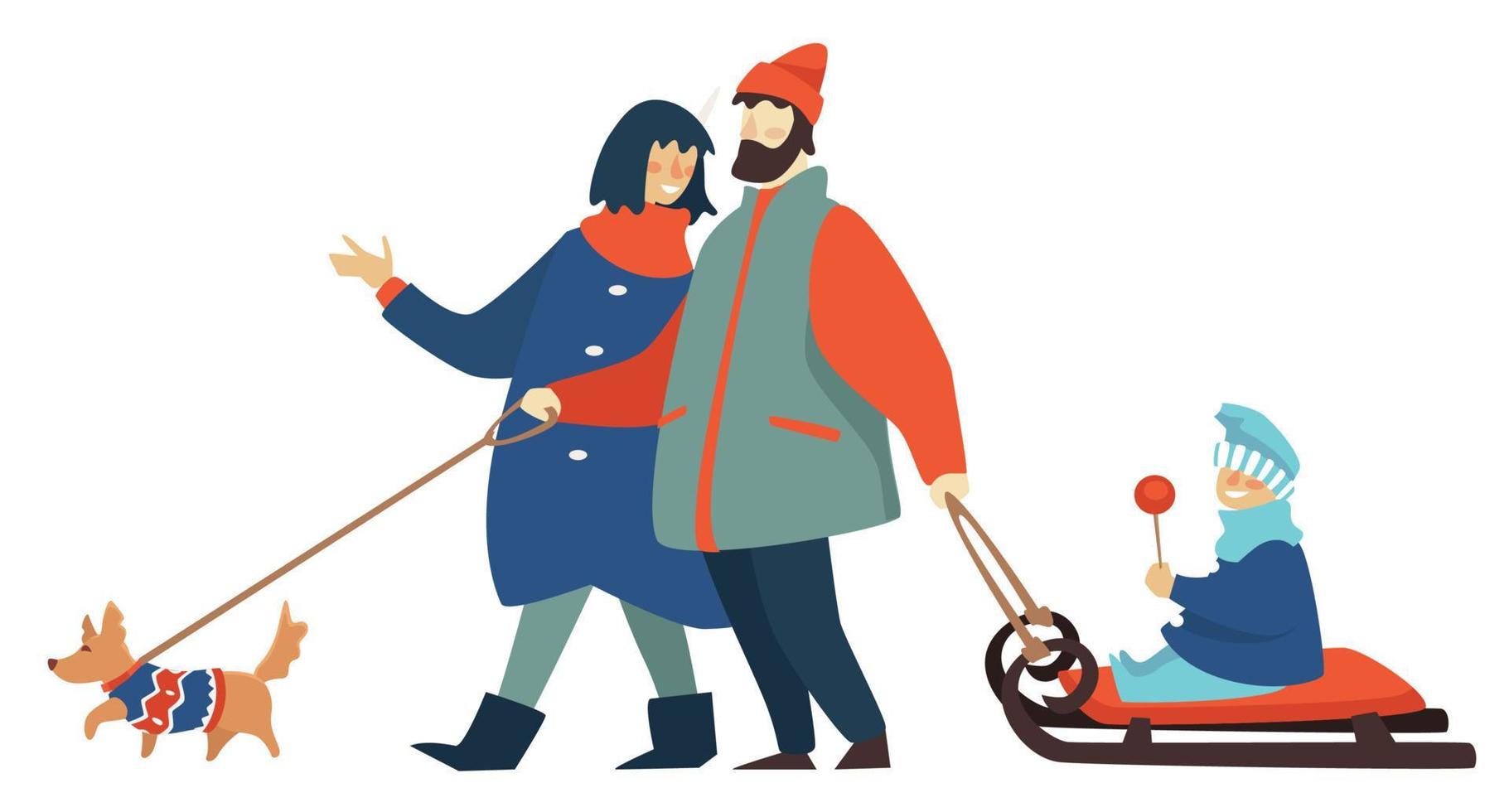 Mother and father with pet and kid on sled vector