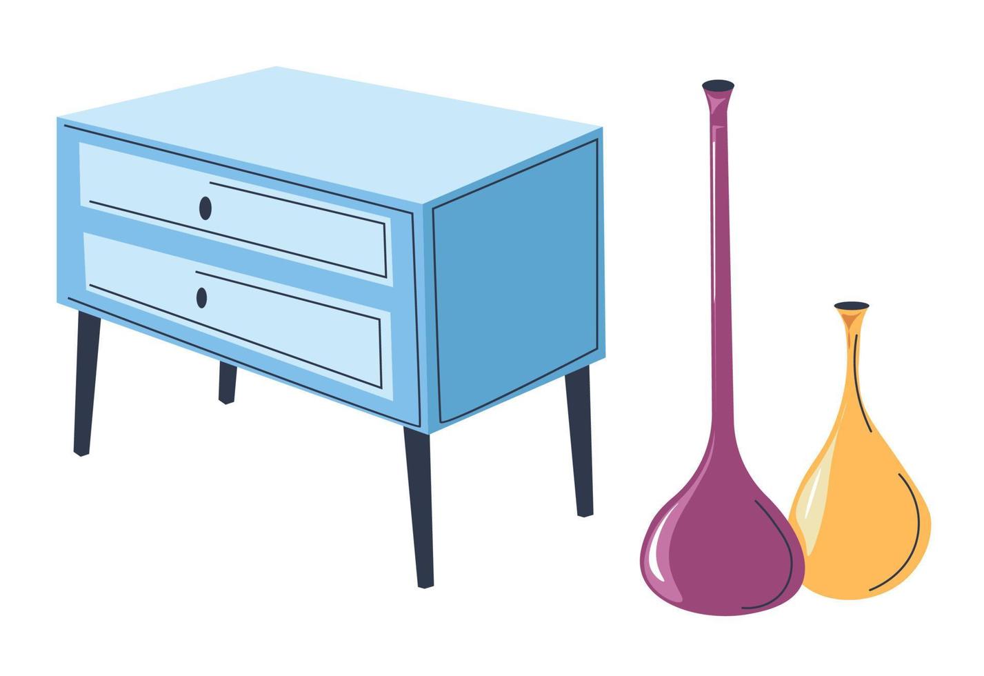 Chest of drawers with modern vases, interior design vector