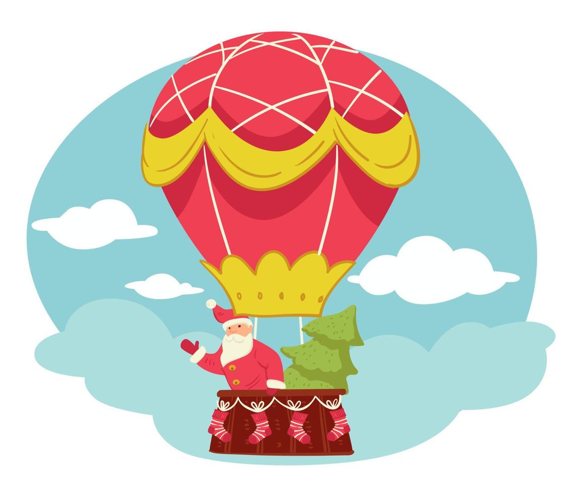 personajes navideños en globo aerostático vintage vector