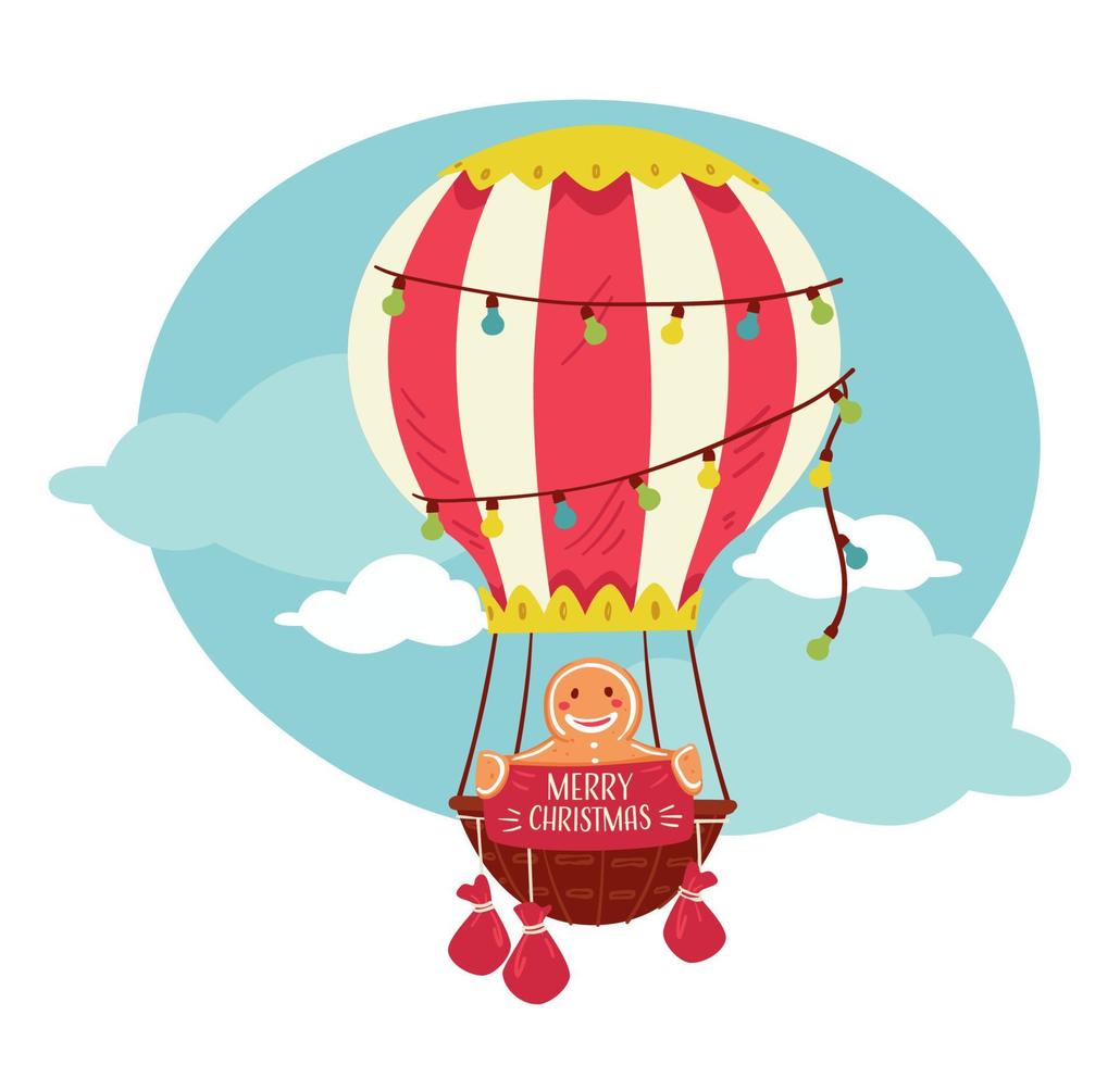 Gingerbread man cookie in hot air balloon on Xmas vector