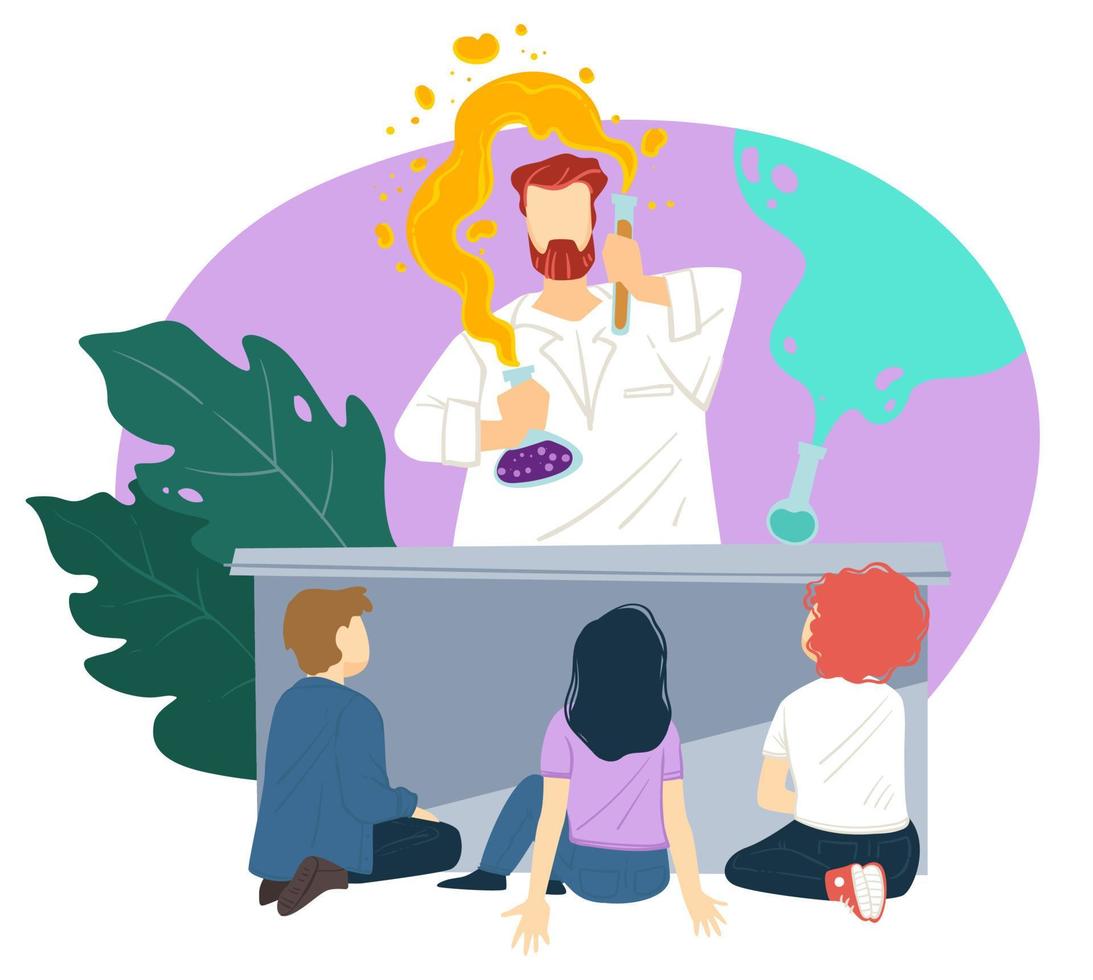 Kids watching teacher doing chemical experiments vector