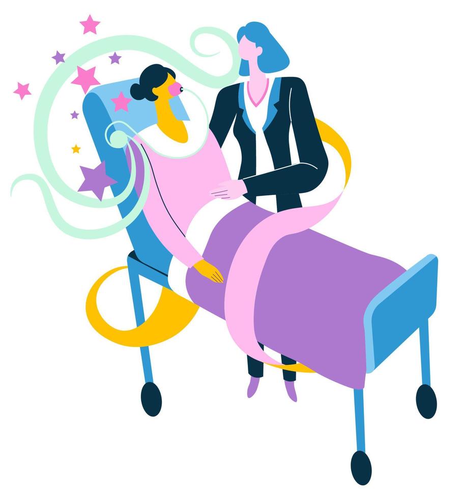 Nurse caring for sick patient laying on bed vector