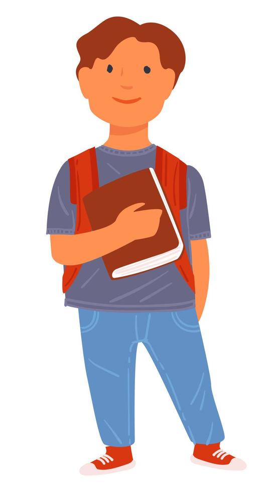 Pupil holding book, schoolboy with satchel at school vector