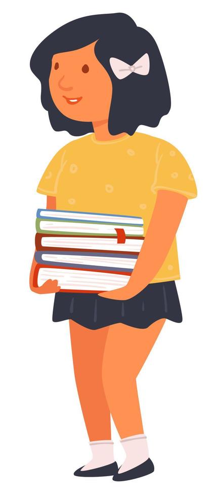 Schoolgirl holding pile of books, pupil with textbooks vector