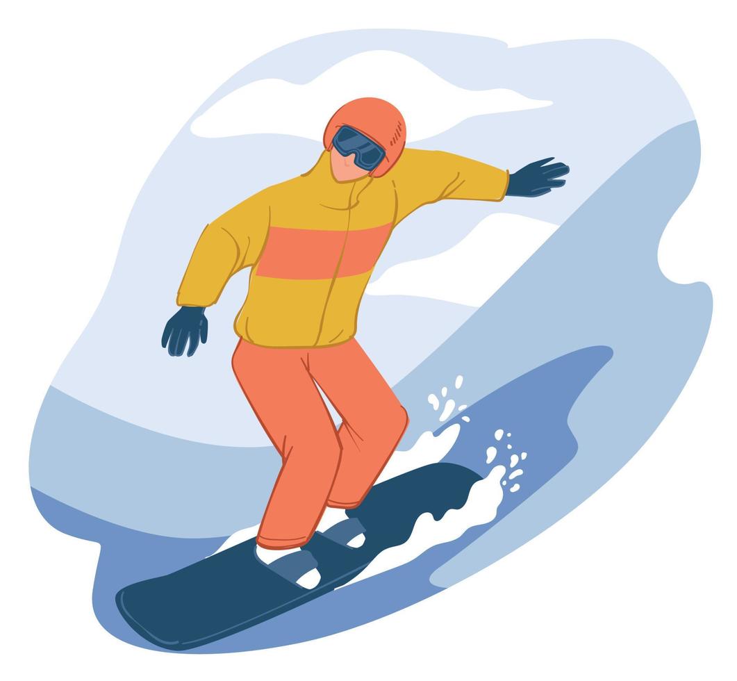 Wintertime hobbies and leisure, snowboarding man vector